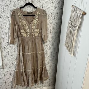 Lucky Brand Embroidered Tan Maxi Dress